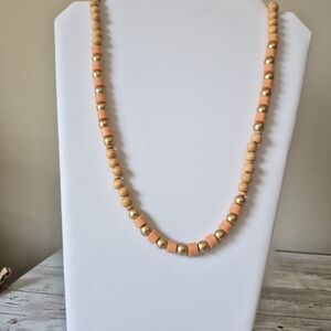 80s Vintage Coral, Gold and Tan Beaded Necklace